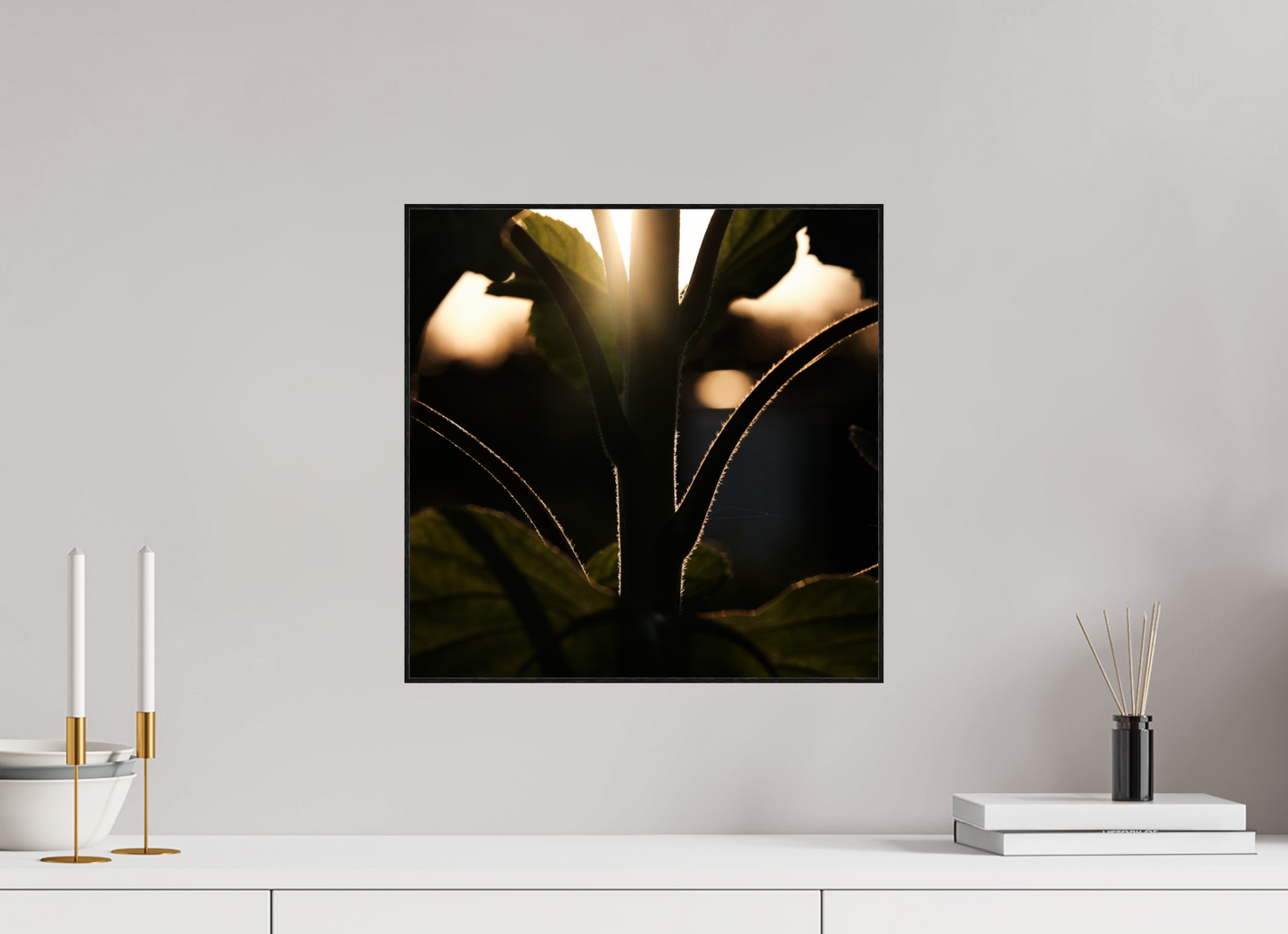 Lifestyle foto van een kunstprint van zonnebloem steel bij zonsondergang ingelijst in een houten galerielijst van 40x40cm.