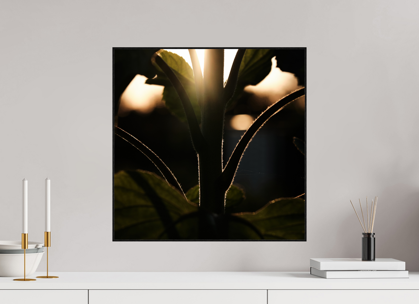 Lifestyle foto van een kunstprint van zonnebloem steel bij zonsondergang ingelijst in een houten galerielijst van 50x50cm.