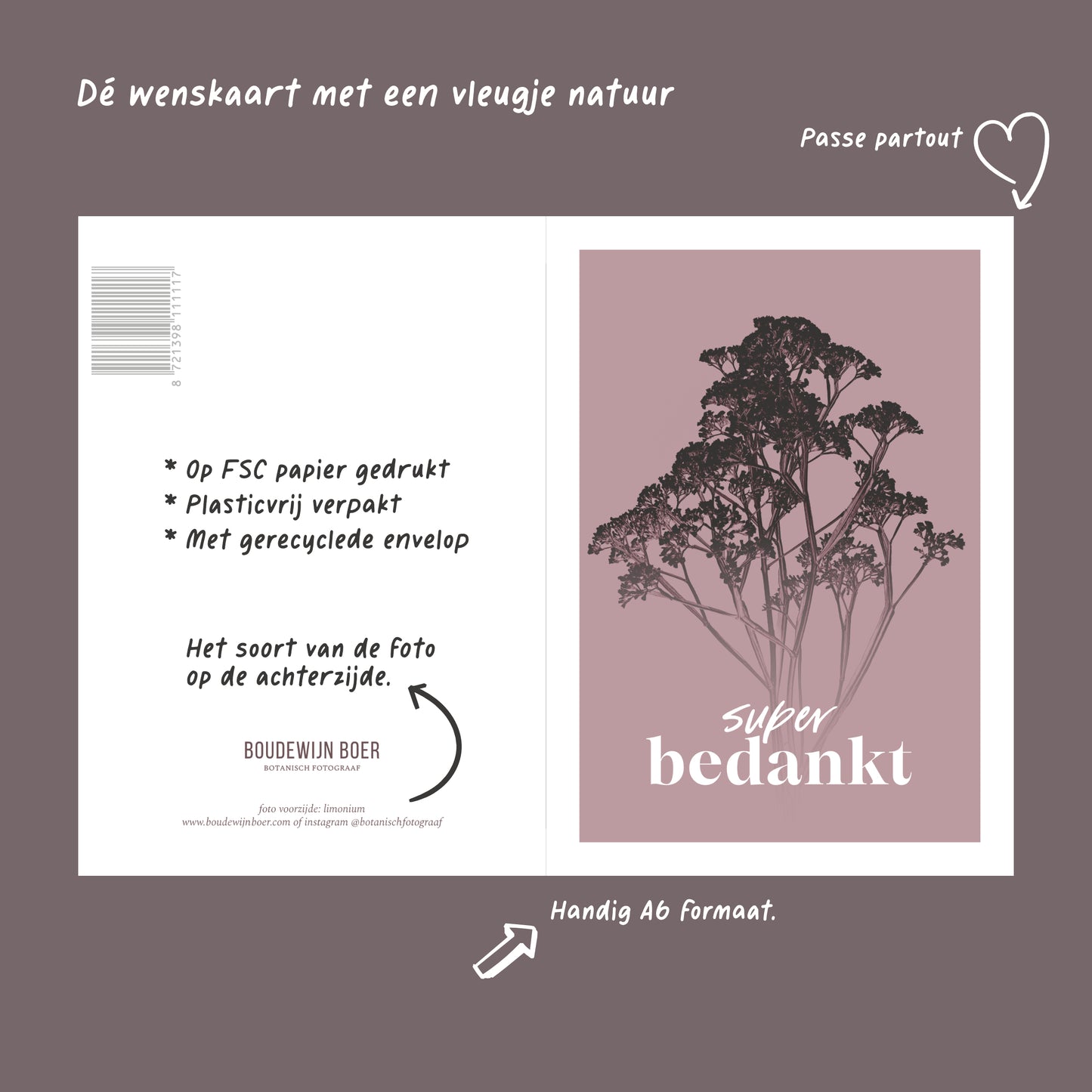 Productfoto met de unieke eigenschappen van een wenskaart met de tekst "super bedankt". Op de kaart een oud roze foto van Gipskruid in een abstracte opstelling.