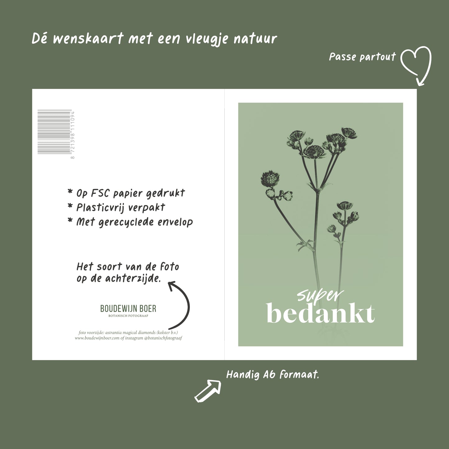 Productfoto met unieke eigenschappen van een bedank kaart met de tekst "super bedankt". Op de kaart een licht groene foto van een Zeeuws Knoopje in een abstracte opstelling.