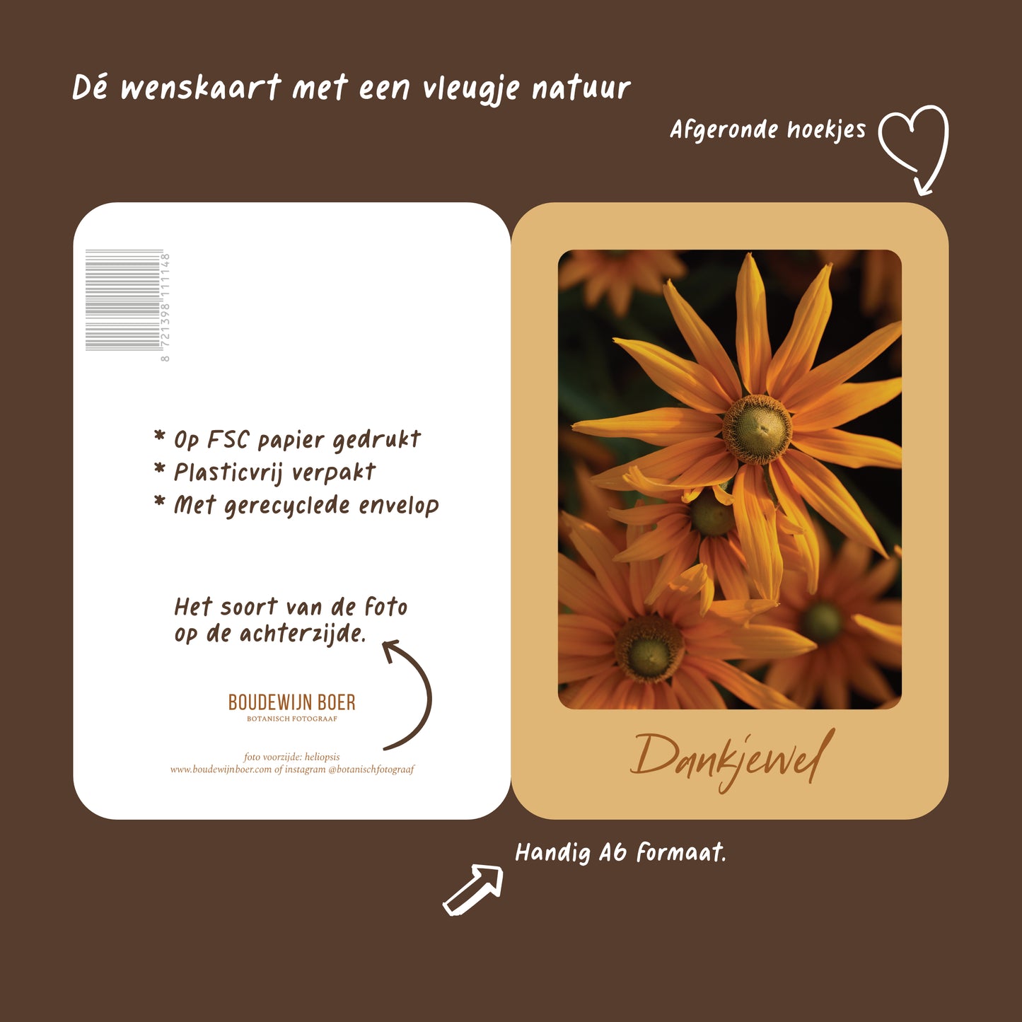 Productfoto met de unieke eigenschappen van een wenskaart met de tekst "dankjewel" met een foto van een gele bloem.