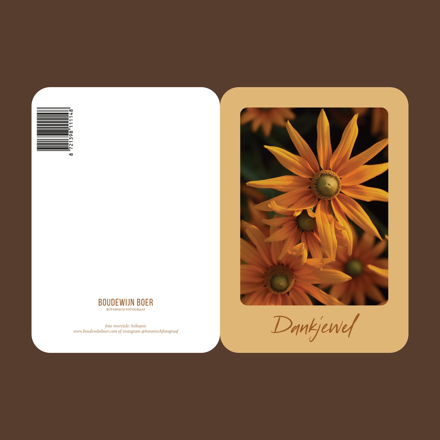 Voor- en achterzijde van een wenskaart met de tekst "dankjewel" met een foto van een gele bloem.
