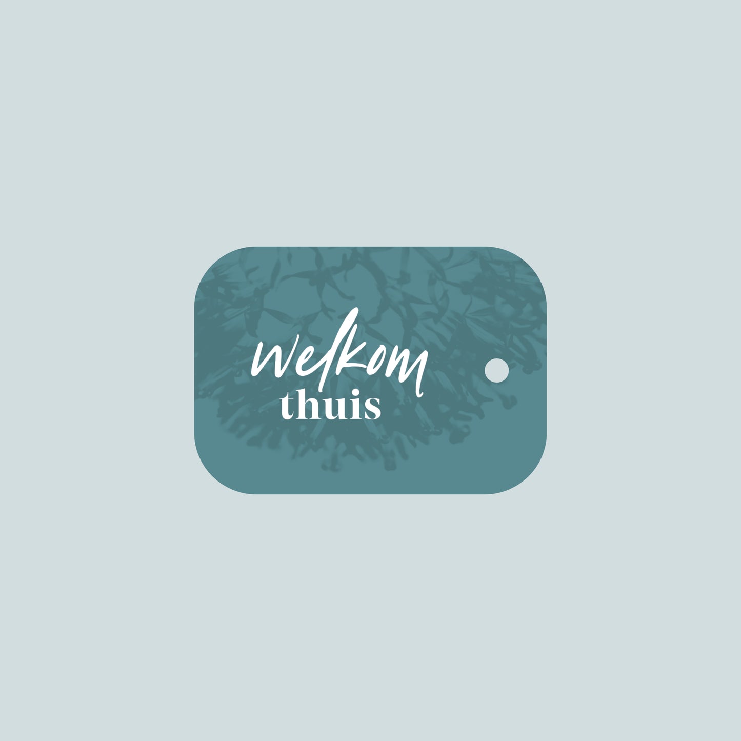 Product afbeelding van een blauw boeket kaartje met daarop de tekst "welkom thuis" met een licht blauwer achtergrond.