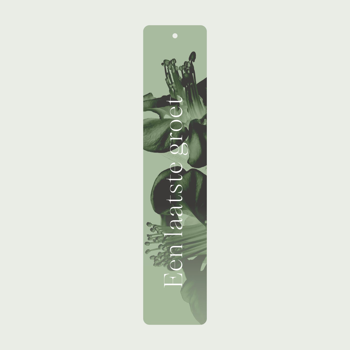 Product afbeelding van een groene rouwlint kaart met een foto van een bloem en de tekst "een laatste groet" met een licht groene achtergrond.