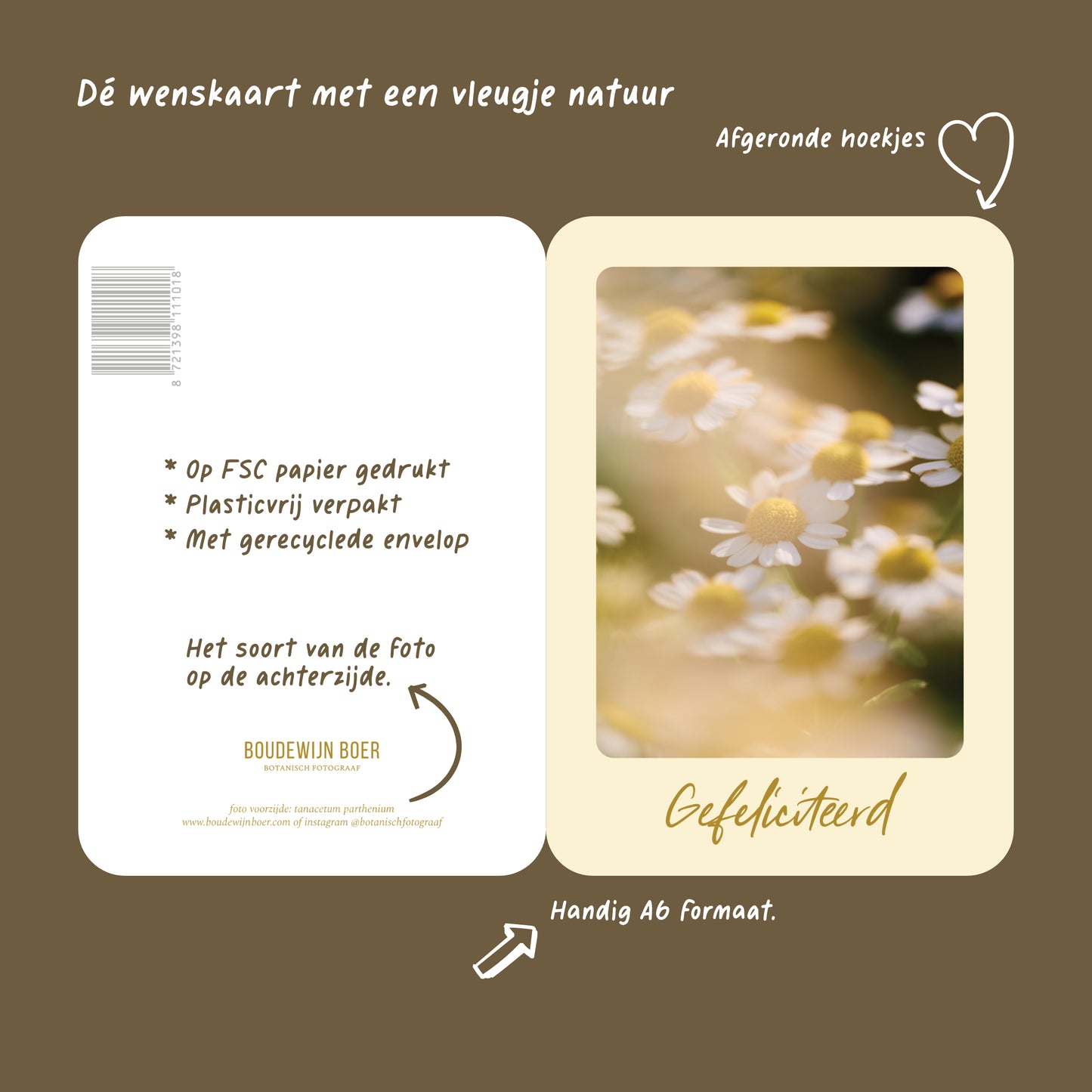 Productfoto met de unieke eigenschappen van een verjaardagskaart met de tekst "gefeliciteerd" met een foto wit- gele bloemen.