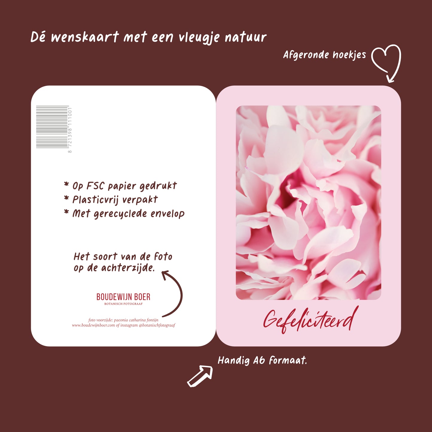 Productfoto met de unieke eigenschappen van een verjaardagskaart met de tekst "gefeliciteerd" met een foto van een roze Pioenroos.