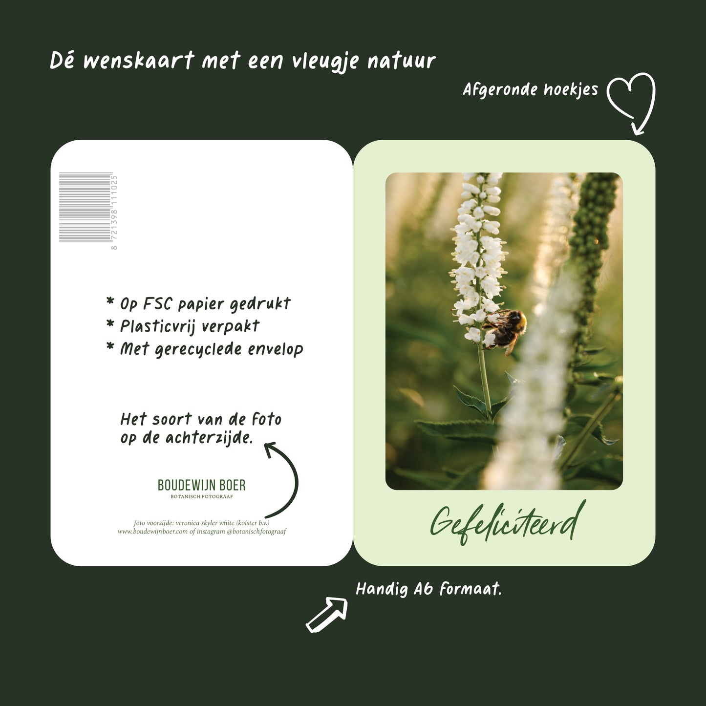 Productfoto met de unieke eigenschappen van een verjaardagskaart met de tekst "gefeliciteerd" met een foto van een Veronica Skyler White.