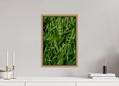 Lifestyle foto van een kunstprint van die waaien in de wind, ingelijst in een houten galerielijst met schaduwvoeg van 30x45cm.