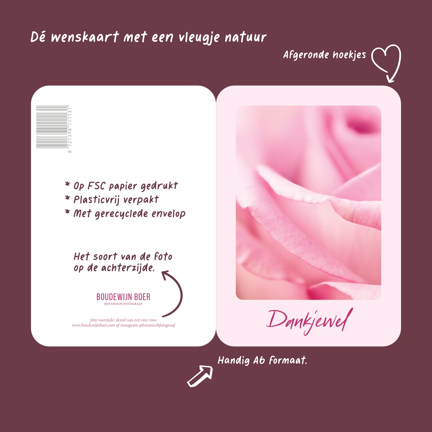 Productfoto met de unieke eigenschappen van een wenskaart met de tekst "dankjewel" met een foto van roze roos.