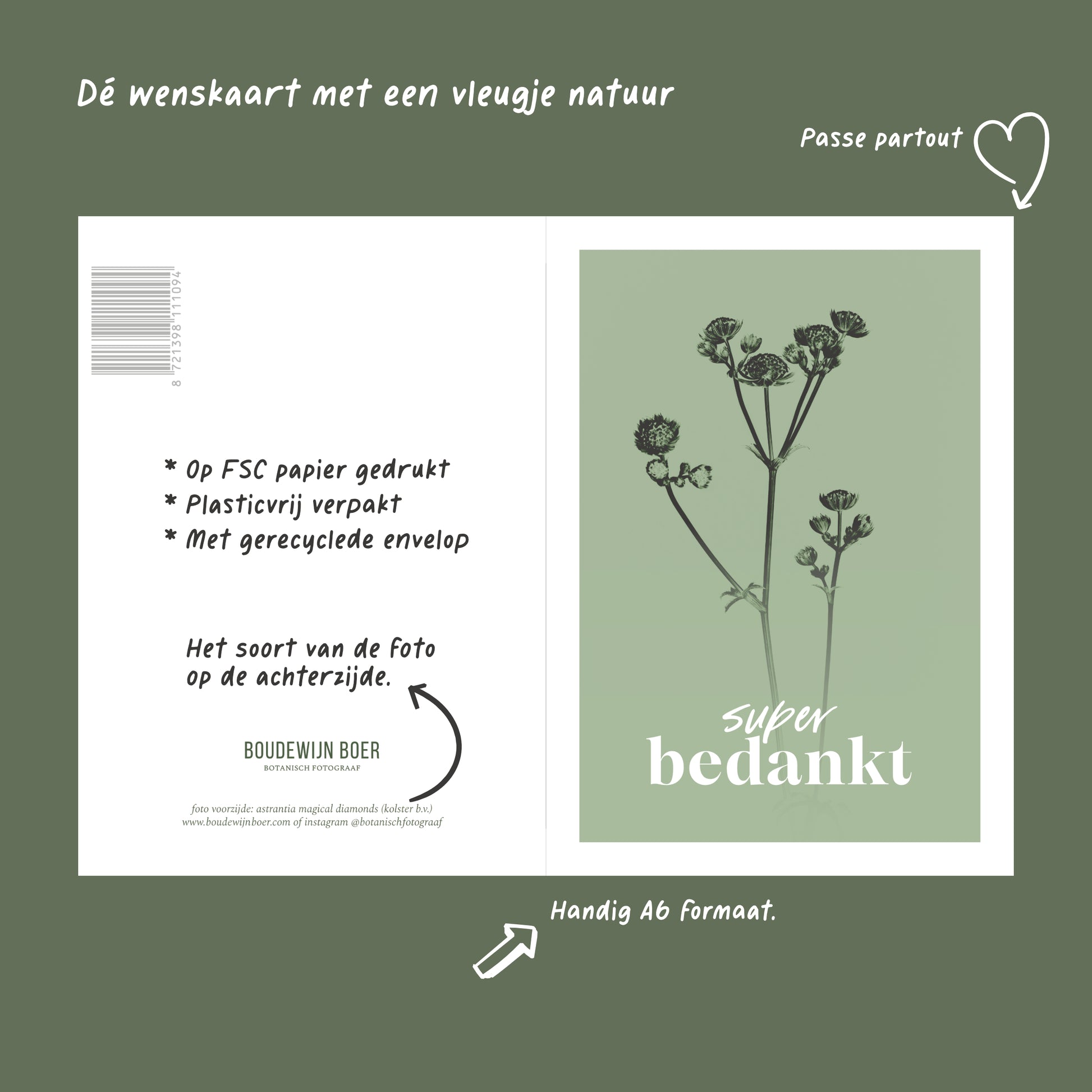 Productfoto met unieke eigenschappen van een bedank kaart met de tekst "super bedankt". Op de kaart een licht groene foto van een Zeeuws Knoopje in een abstracte opstelling. 