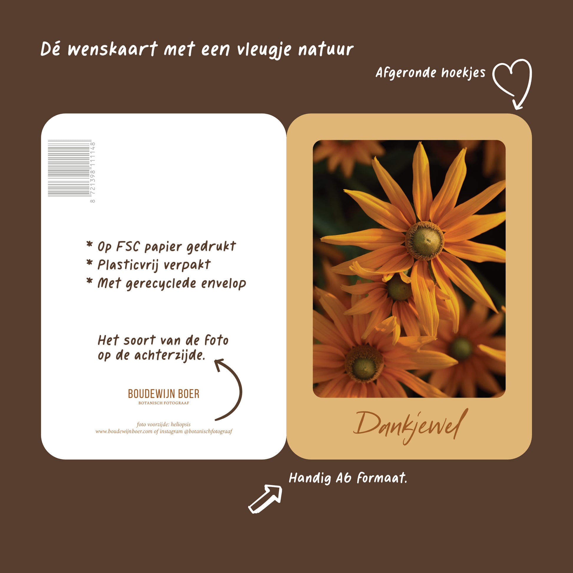 Productfoto met de unieke eigenschappen van een wenskaart met de tekst "dankjewel" met een foto van een gele bloem. 