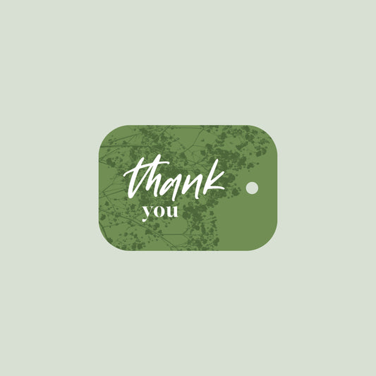 Product afbeelding van een groen boeket kaartje met daarop de tekst "thank you" met een licht groene achtergrond.