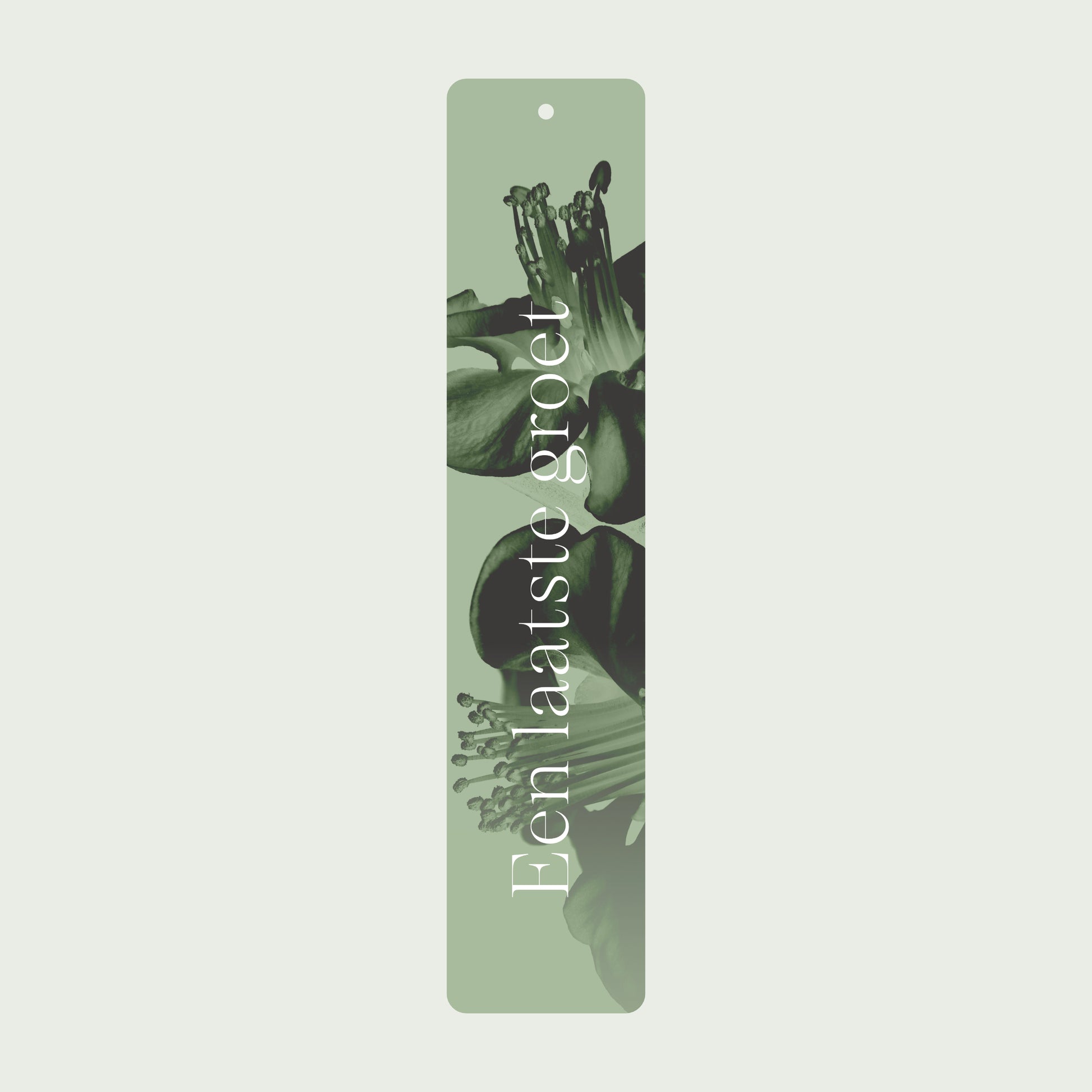 Product afbeelding van een groene rouwlint kaart met een foto van een bloem en de tekst "een laatste groet" met een licht groene achtergrond.