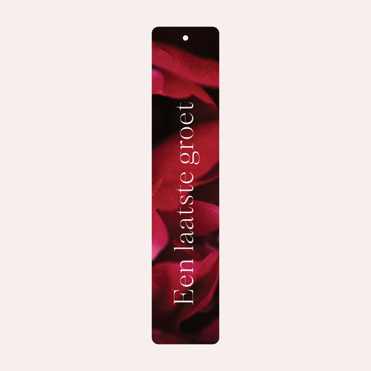 Product afbeelding van een rouwlint kaart met een foto van rode bloemen en de tekst "een laatste groet".