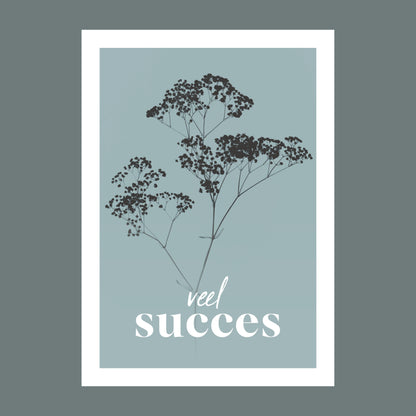 Productfoto van een wenskaart met de tekst "veel succes". Op de kaart een licht blauwe foto van Gipskruid in een abstracte opstelling. 