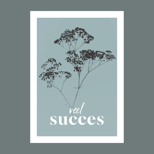 Productfoto van een wenskaart met de tekst "veel succes". Op de kaart een licht blauwe foto van Gipskruid in een abstracte opstelling. 